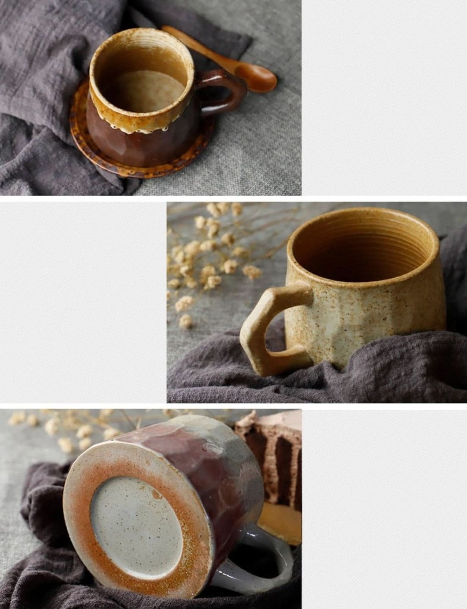Handmade textured stoneware mug 10.14oz + free saucer, earthy tones, with wooden spoon.
