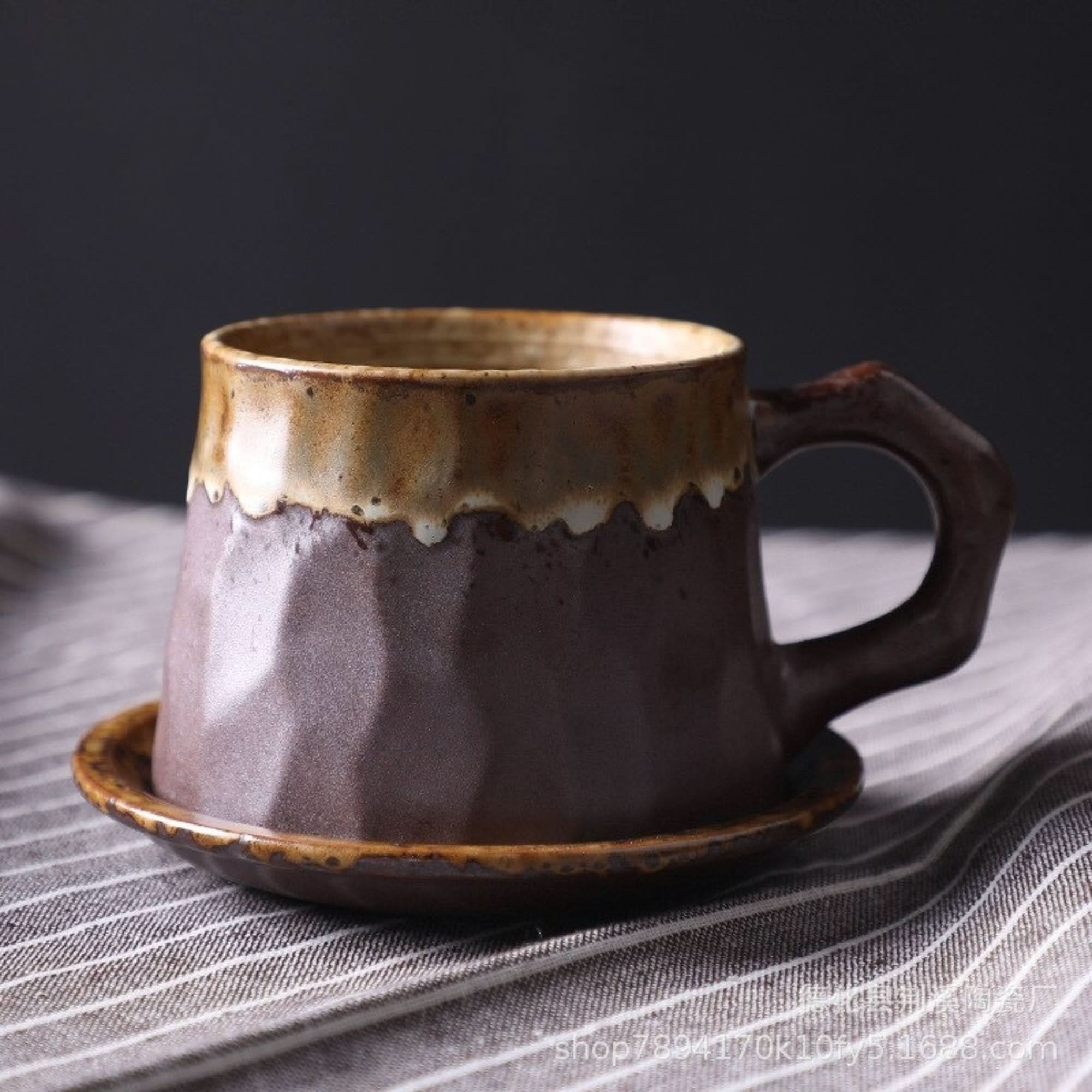 Textured brown Stoneware Mug 10.14oz + Free Saucer with rustic glaze on striped cloth.