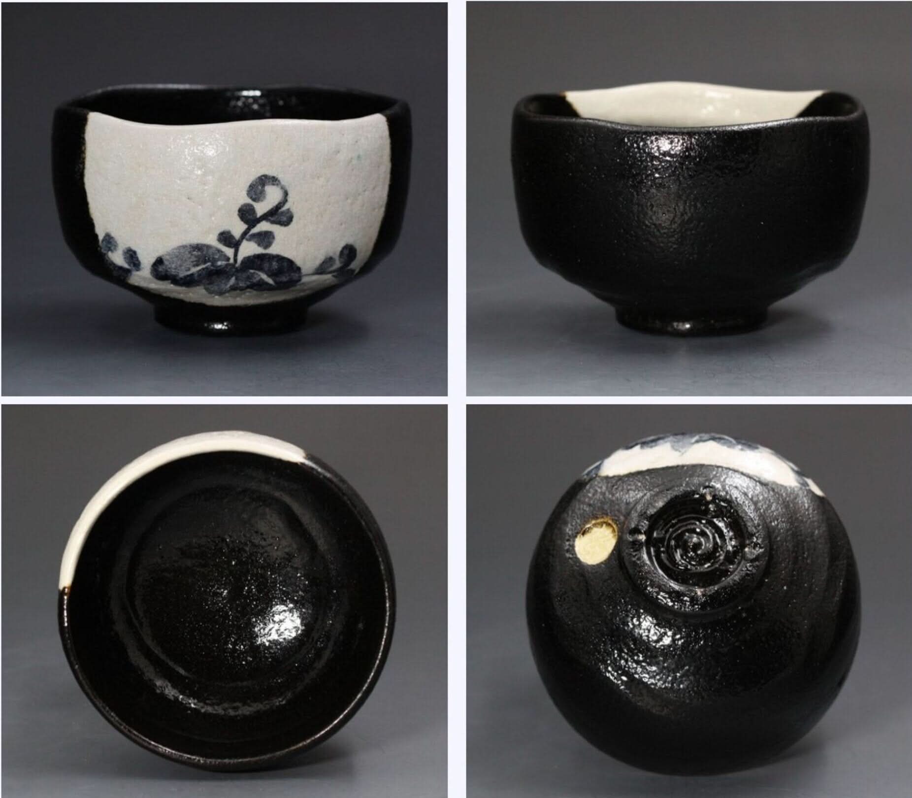 Stoneware Black And White Matcha Bowl with Flowers, hand-painted Japanese tea cup.