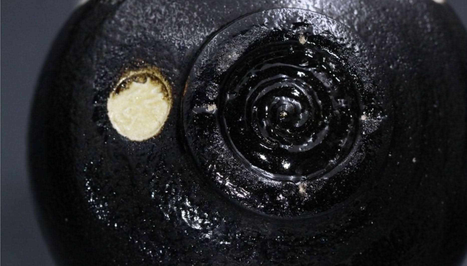 Black stoneware matcha bowl with hand-painted white flowers, made in Japan.