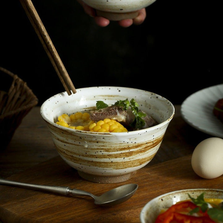 Stoneware Glazed and Speckled Brown and White Bowl | Rustic, Irregular, Stoneware, Japanese, Farmhouse, Nordic, Scandinavian, Pasta, Noodles - -