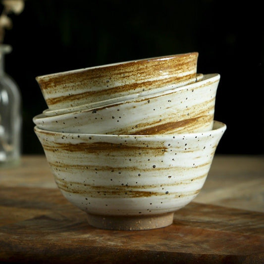 Stoneware Glazed and Speckled Brown and White Bowl | Rustic, Irregular, Stoneware, Japanese, Farmhouse, Nordic, Scandinavian, Pasta, Noodles - -