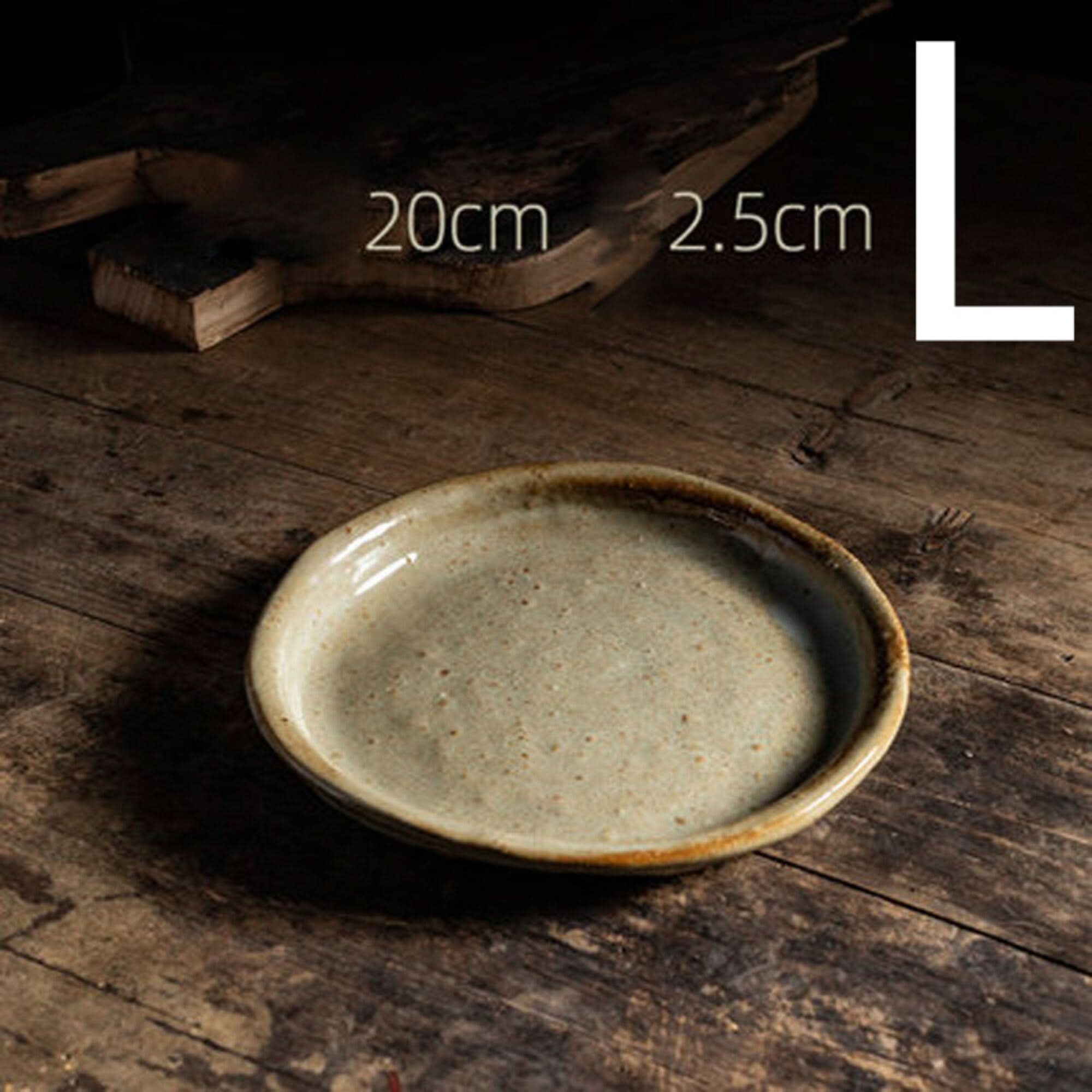 Stoneware Handmade Irregular Ice Cracked Ceramic Tableware, 20cm plate on rustic wood table.