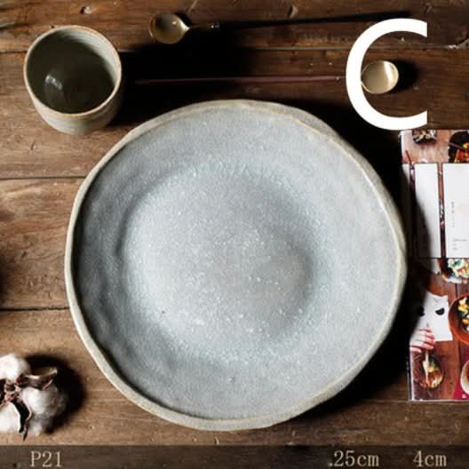 Stoneware Handmade Irregular Ice Cracked Ceramic Tableware: Grey textured plate & cup on wood.