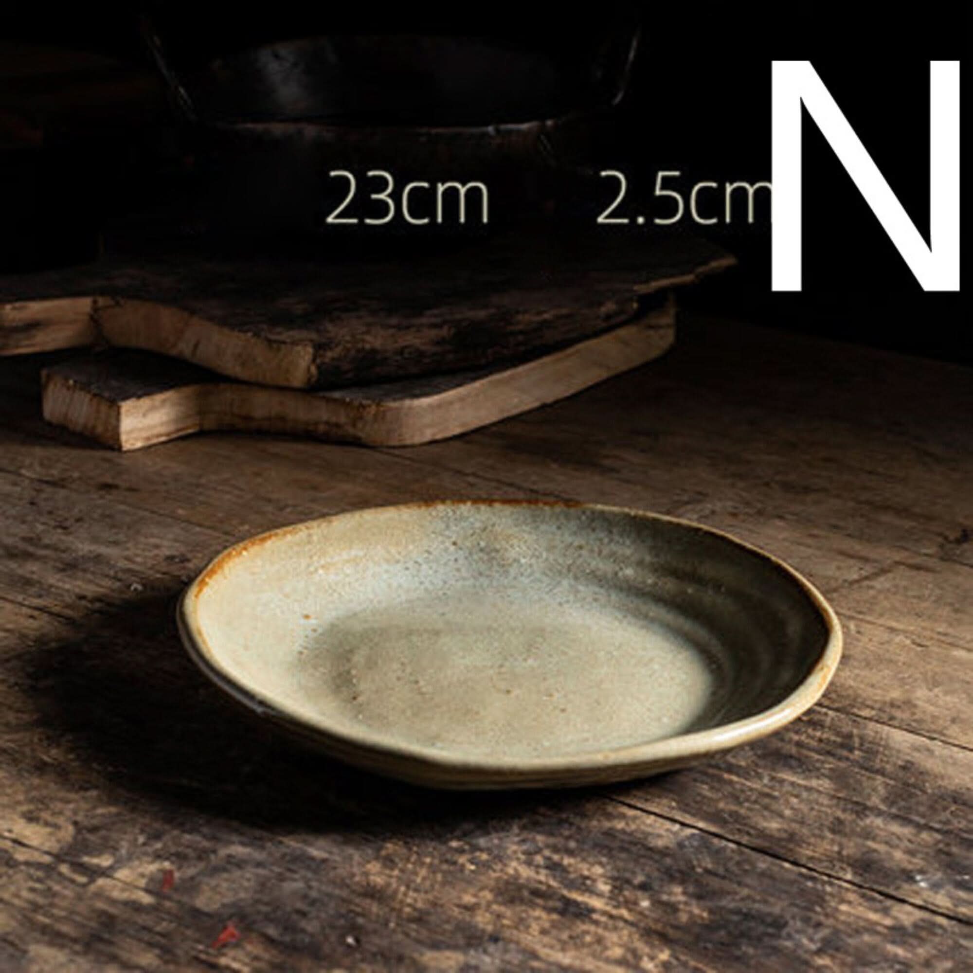 Stoneware Handmade Irregular Ice Cracked Ceramic Tableware, beige shallow bowl on rustic wood