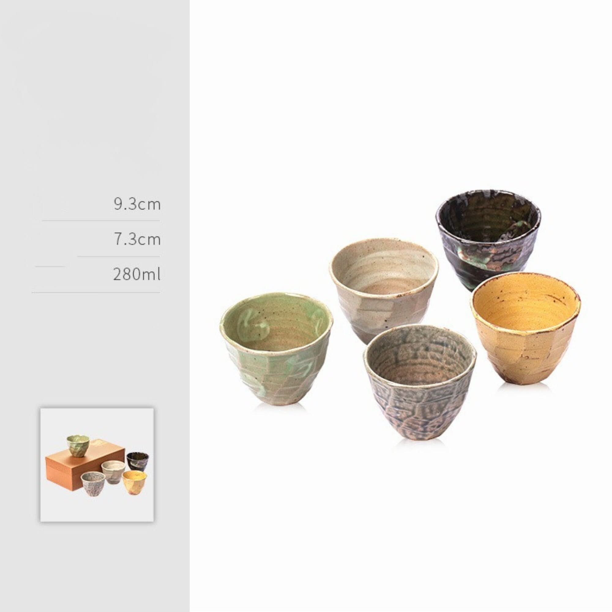 Set of 5 Japanese Cups (9.4oz) in earthy tones with textured ceramic finish. Home decor.