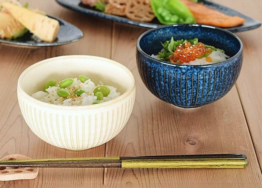 Japan-imported Stoneware Soup Bowls: Cream bowl with edamame, blue bowl with ikura & greens on rice.