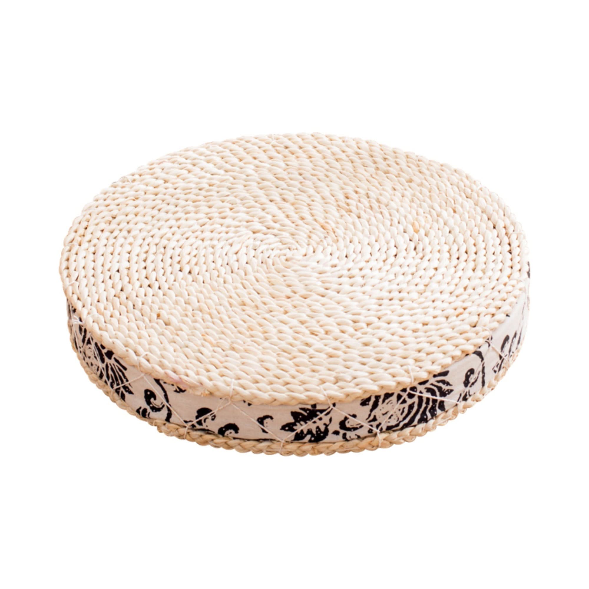 Straw floor pouf with black floral fabric decor, boho, rustic, natural home decor