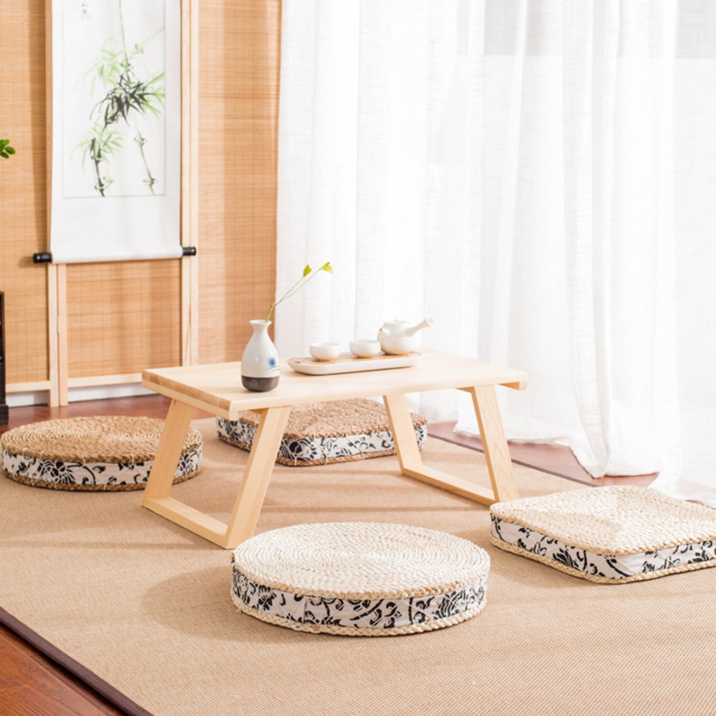 Straw Floor Pouf With Fabric Decor | Boho decor, Outdoor Pillow, Tea Ceremony, Ottoman Pouf, Rustic Decor, Natural Fabrics - -