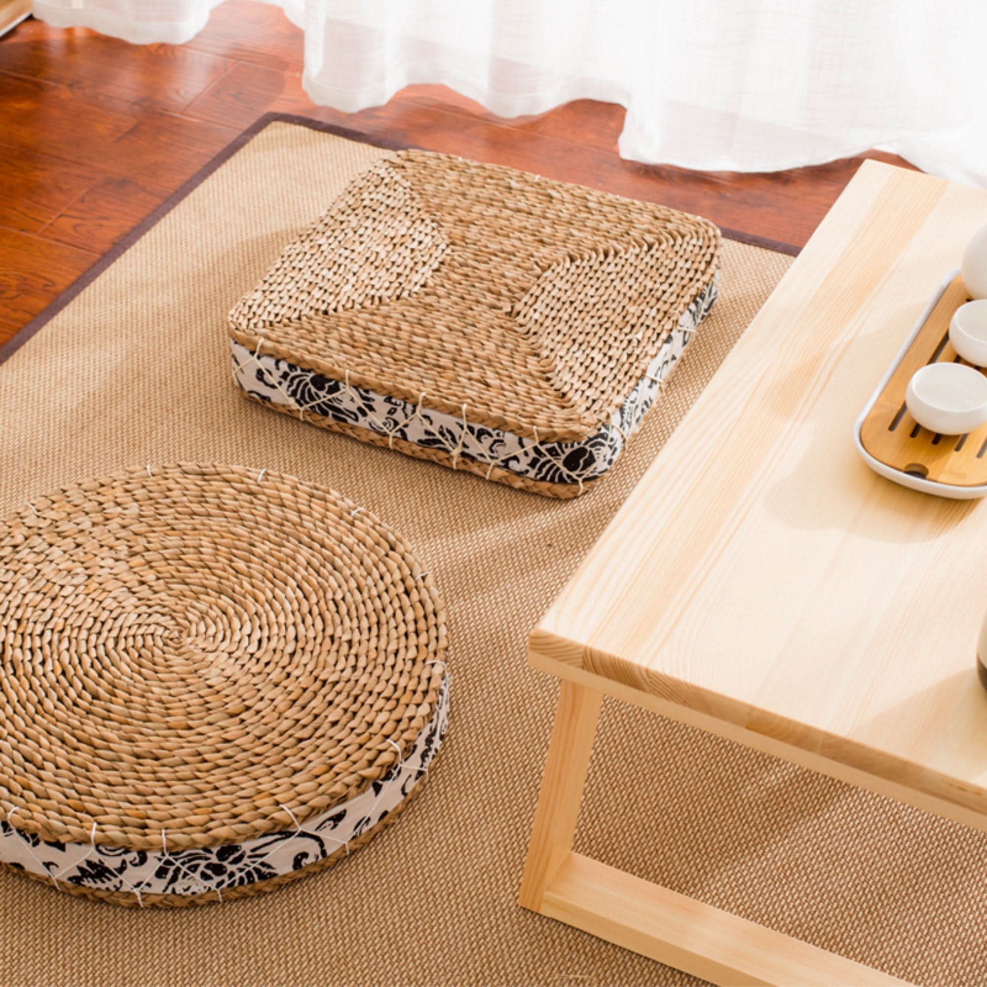 Natural straw floor pouf with fabric decor, boho outdoor pillow, tea ceremony ottoman.