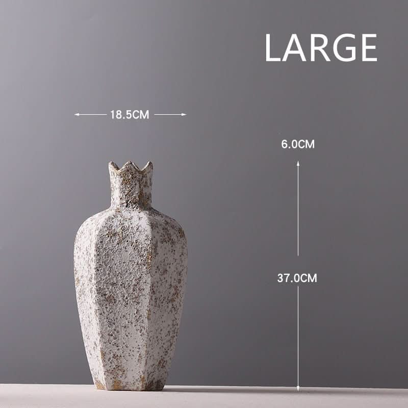 Textured stone vase with hexagonal shape, white and gold, for rustic home decor