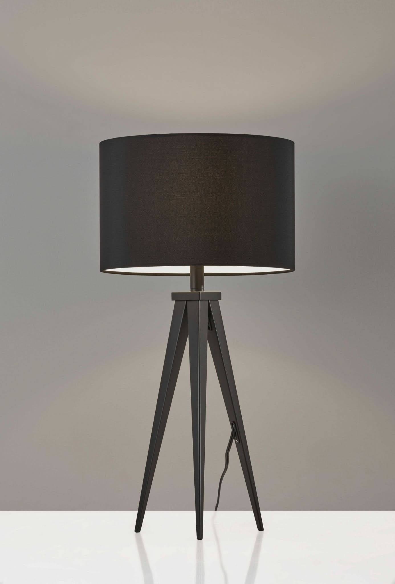 Treble Walnut Wood Table Lamp: black fabric shade, dark tripod base, mid-century style