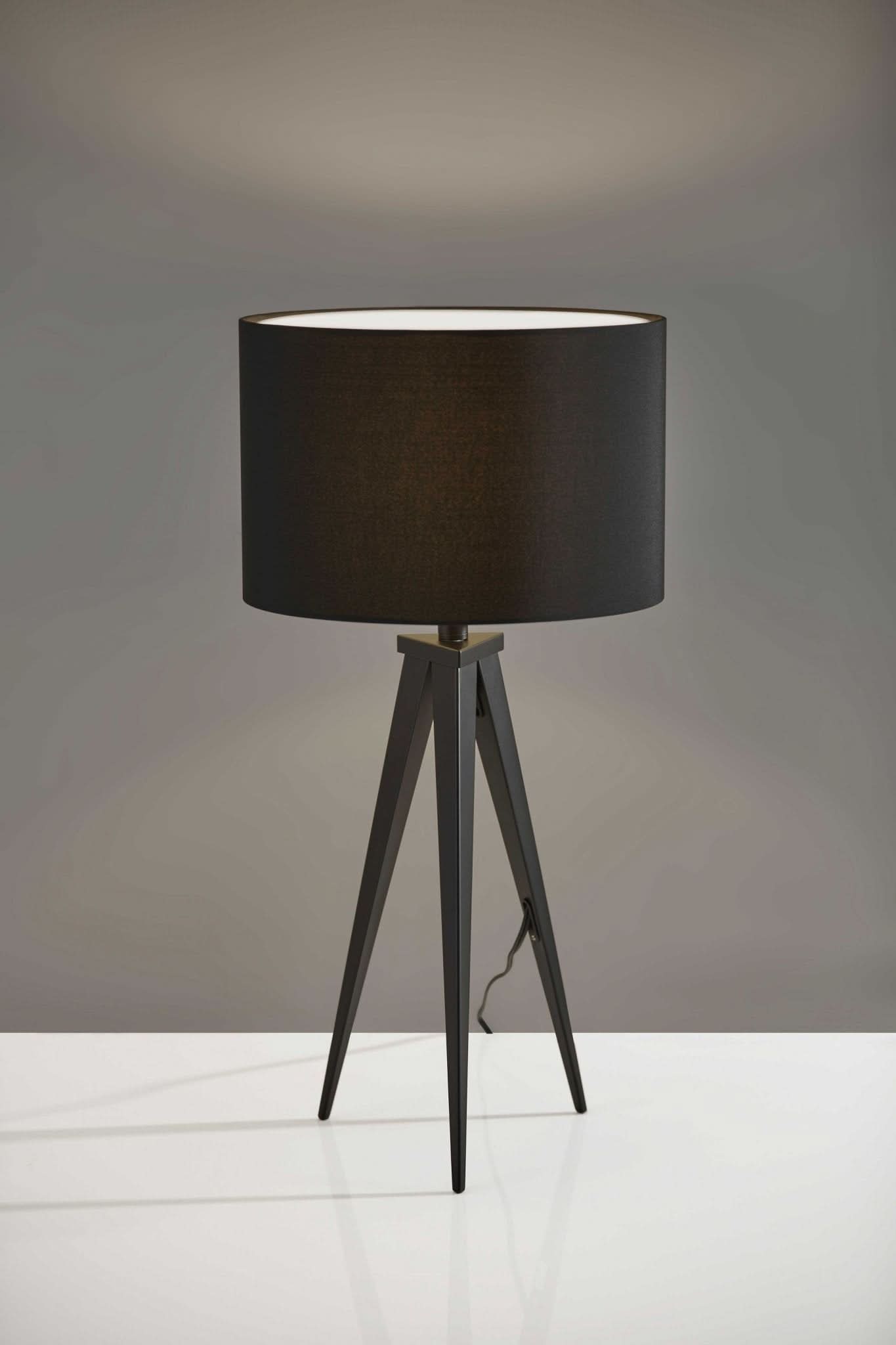 Treble Walnut Wood Table Lamp 26" with black shade on tripod base, mid-century style.