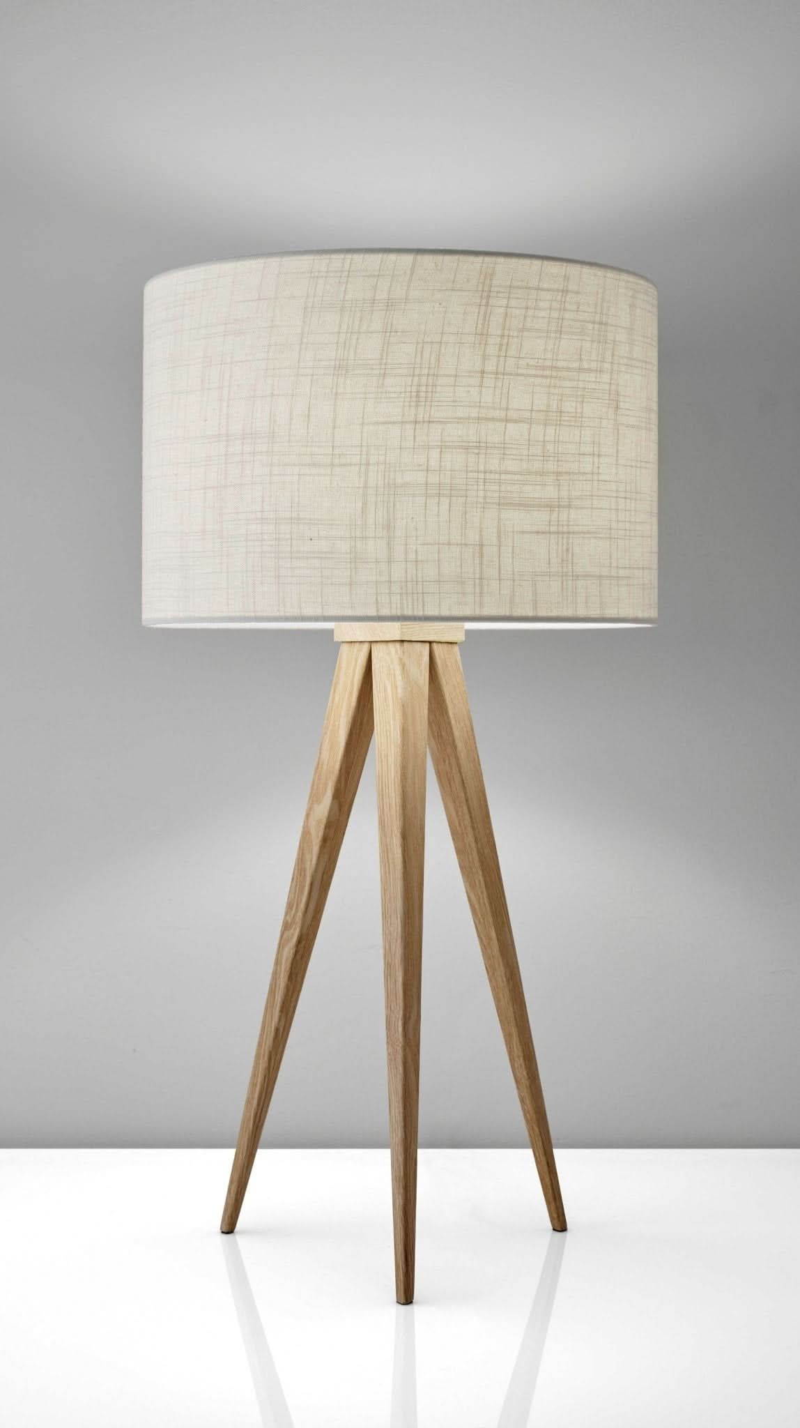 Treble Walnut Wood Table Lamp, natural linen shade, tripod base.