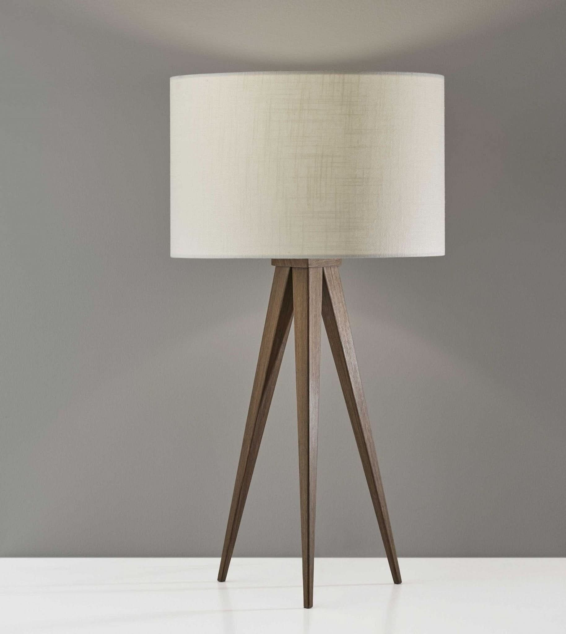 Treble Walnut Wood Table Lamp with cream linen shade, tripod base.
