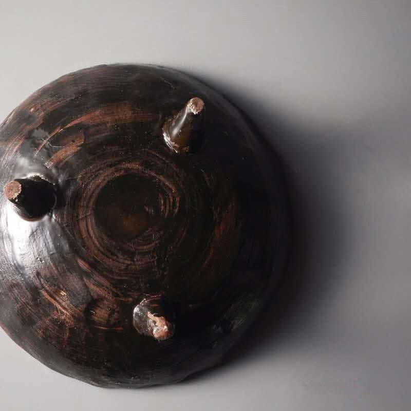 Tripod Stoneware Ceramic Irregular Fruit Bowl, dark brown rustic finish, home decor.