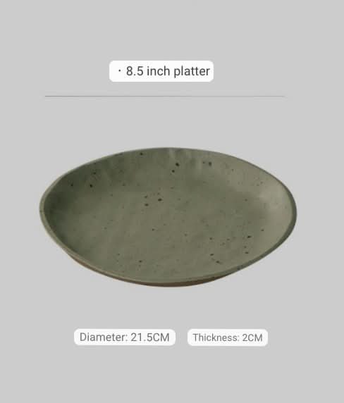 Handmade unglazed earthenware dinner plate, sage green, natural speckled finish, 8.5 inch platter.