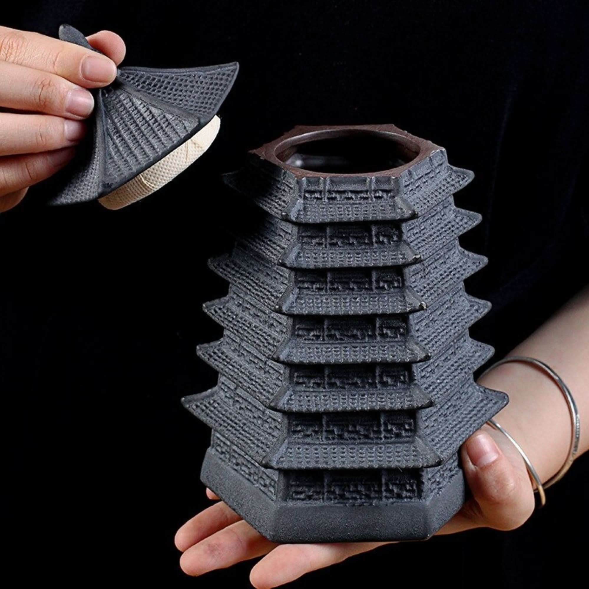 Black vintage Japanese tea jar, pagoda-shaped canister for tea, coffee, sugar, flour, spices, herbs, candy.