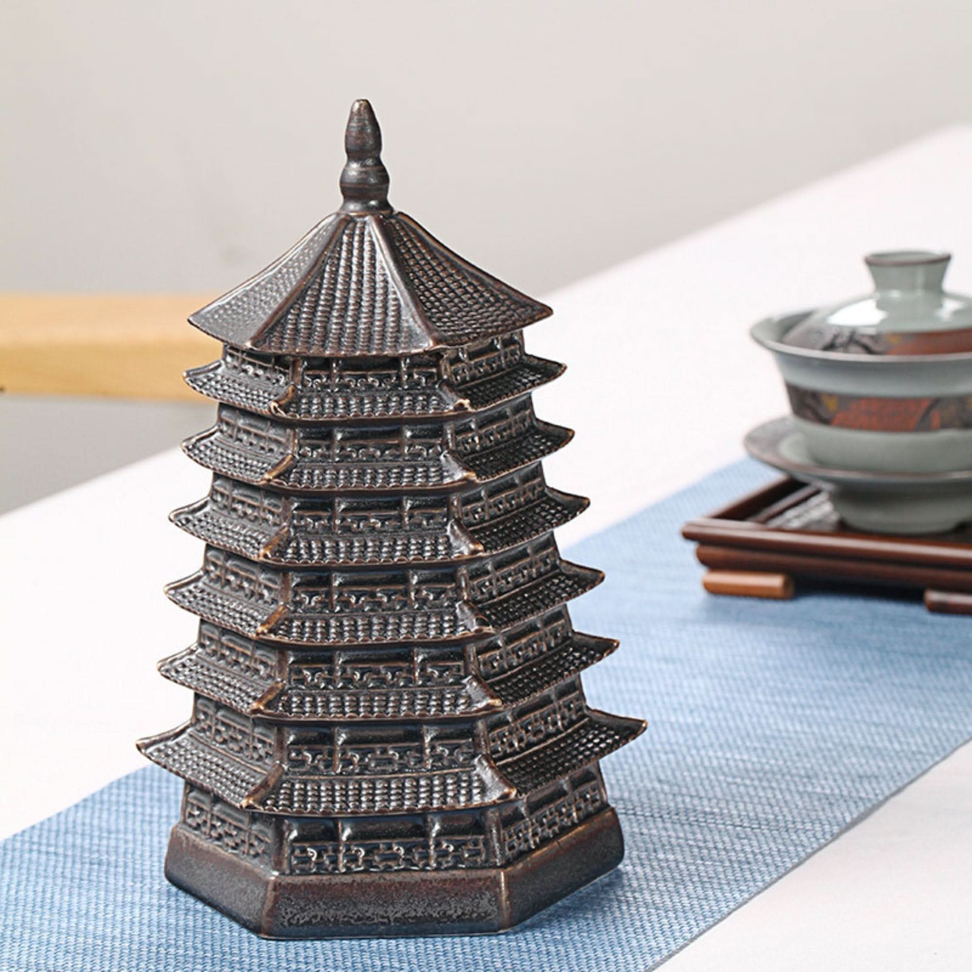 Vintage Japanese tea jar canister, dark bronze pagoda shape, for tea, coffee, sugar, flour, spices