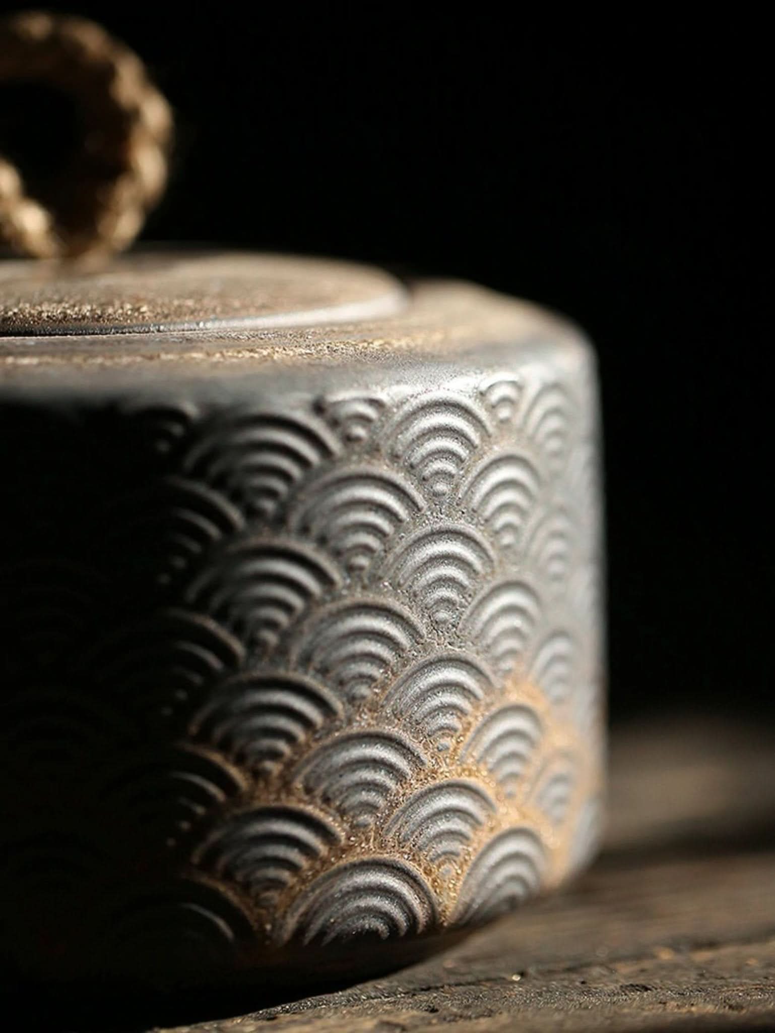 Vintage kitchen canister with embossed wave pattern, Japanese tea jar, black tea box