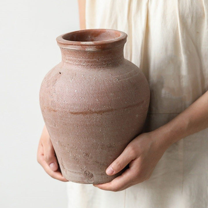 Vintage Stoneware Vase Red Clay Pot Decoration - -