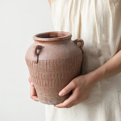 Vintage Stoneware Vase Red Clay Pot Decoration - -