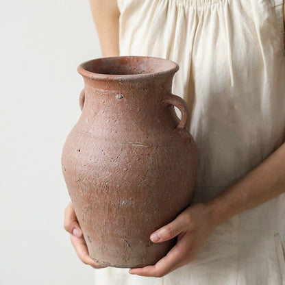 Vintage Stoneware Vase Red Clay Pot Decoration - -