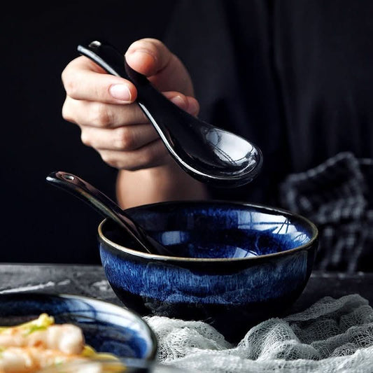 Wabi-Sabi Cat Eye Blue Porcelain Bowl Set with Spoon - -