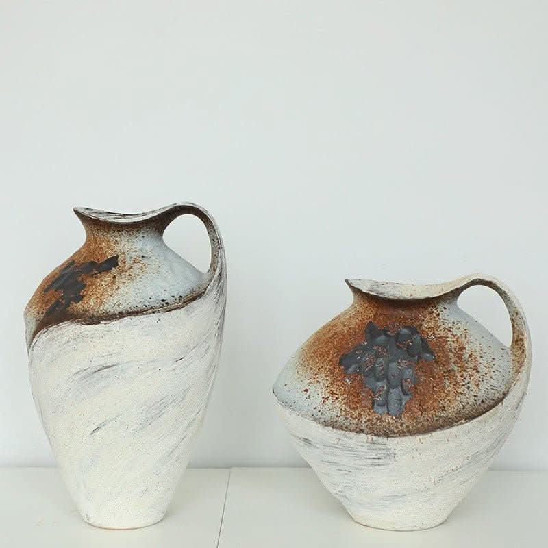 Wabi-sabi clay pots with rustic brush effect in white & brown tones, home decor