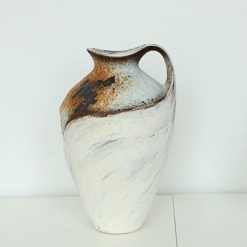 Wabi-sabi clay pot with paintbrush effect, white and brown textured finish, home decor vase.