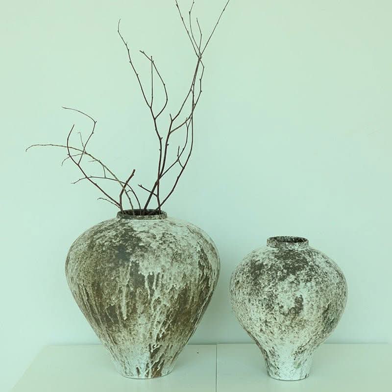 Wabi-sabi distressed beige & brown vases with branches, textured ceramic home decor.