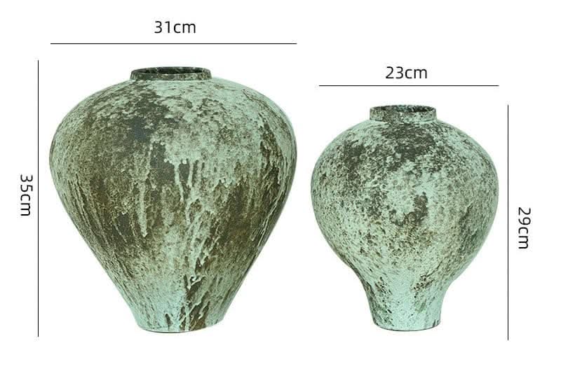 Wabi-sabi Distressed Beige and Brown Vase: two textured ceramic vases with distressed patina and drip effects.