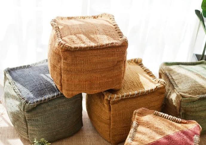 Wabi-sabi Jute Ottoman Footstool: handmade, textured jute poufs in natural, blue-grey, and green hues.