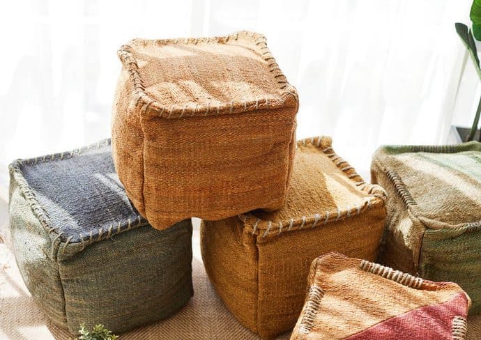 Wabi-sabi Jute Ottoman Footstool 45x45cm/18"x18" imported handmade - -