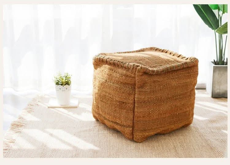 Brown jute Wabi-sabi ottoman footstool, 45x45cm, handmade home decor.