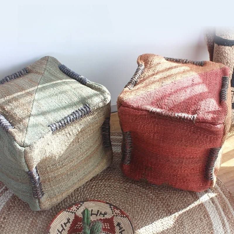 Wabi-sabi jute ottoman footstools in sage and terracotta, handmade imported home decor.