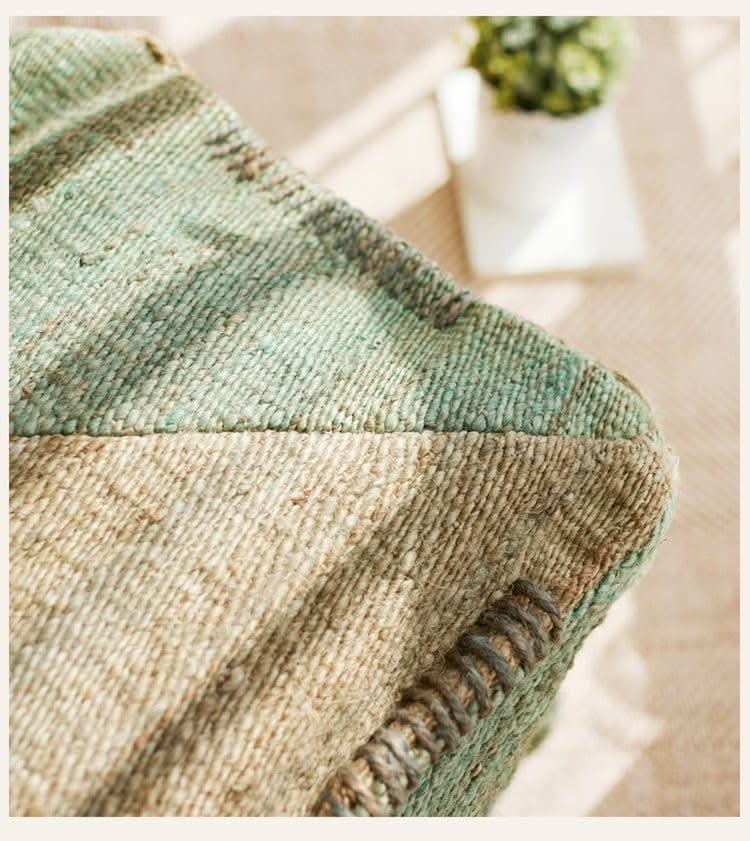 Wabi-sabi Jute Ottoman Footstool in natural and teal hues, textured, handmade.