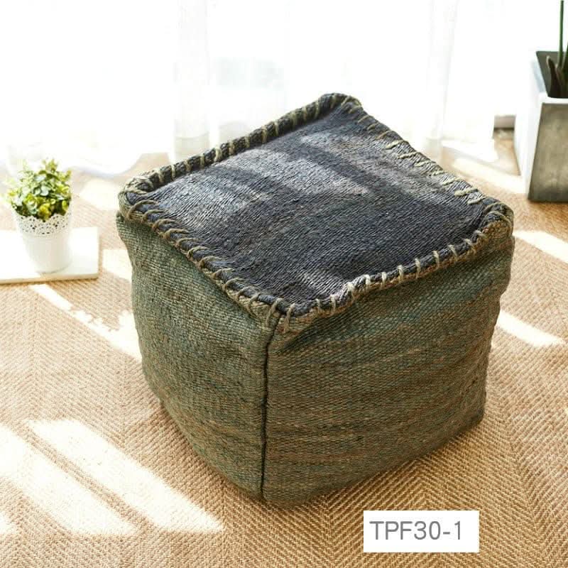 Wabi-sabi jute ottoman footstool in dark grey and green, handmade texture.