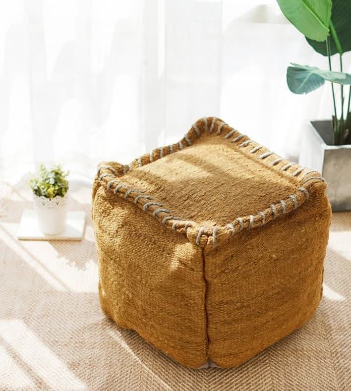 Wabi-sabi jute ottoman footstool, 45x45cm, handmade in natural fibers.