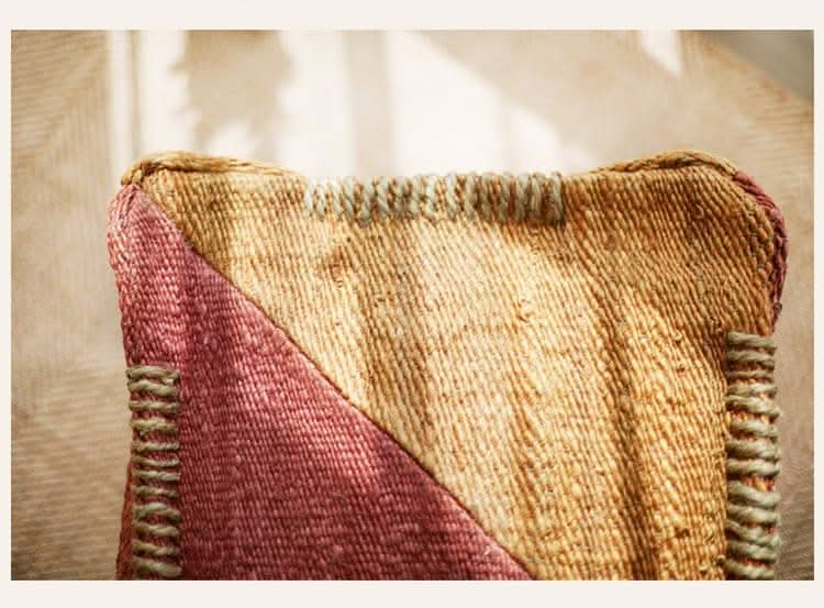 Wabi-sabi jute ottoman footstool, textured handmade, natural fiber, maroon & tan.