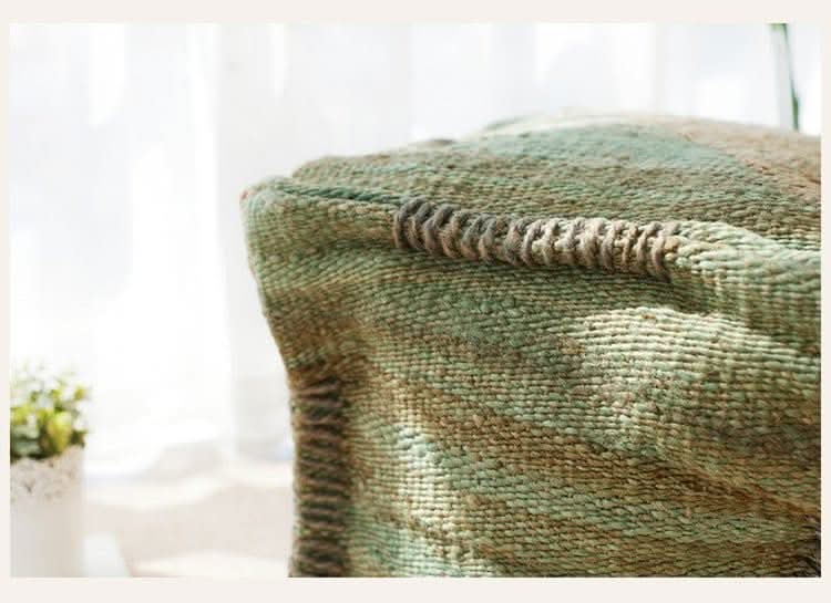 Wabi-sabi jute ottoman footstool, textured green & brown weave, handmade home decor.