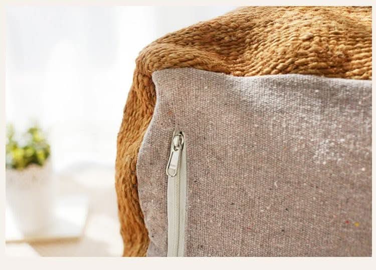 Wabi-sabi jute ottoman footstool: textured brown jute top, natural linen side with zipper.