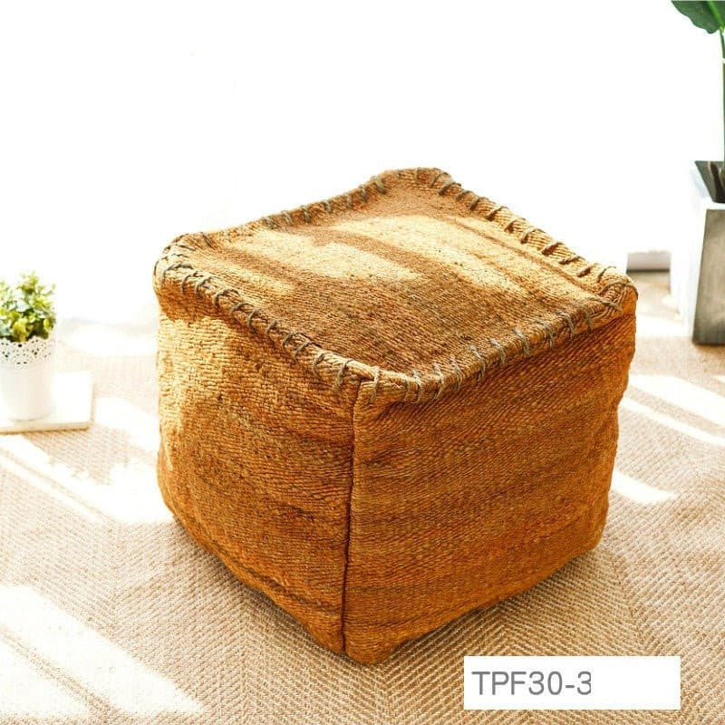 Wabi-sabi Jute Ottoman Footstool 45x45cm/18"x18" imported handmade - -