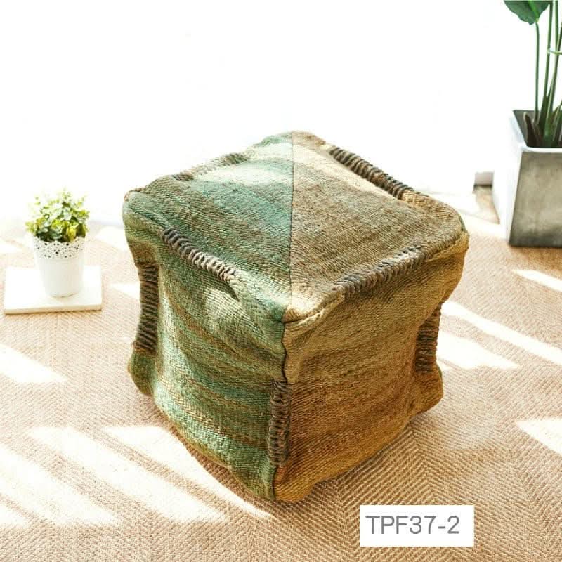 Wabi-sabi jute ottoman footstool in green & brown, 45x45cm, handmade.