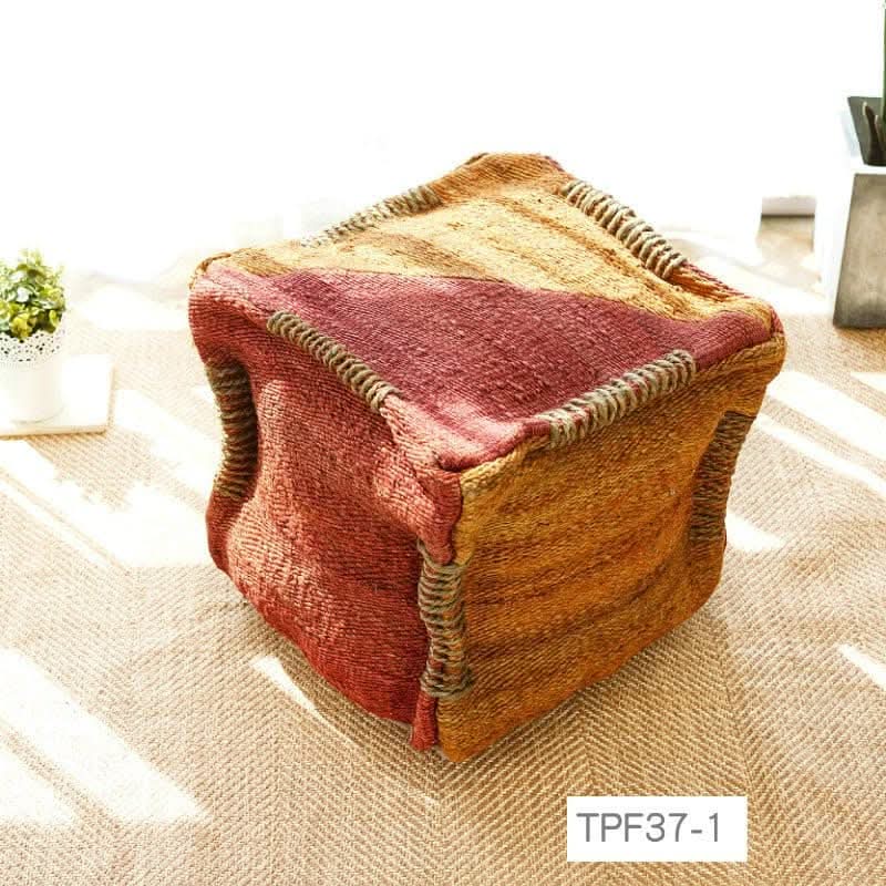 Wabi-sabi jute ottoman footstool with rustic red & gold woven texture, handmade imported home decor.