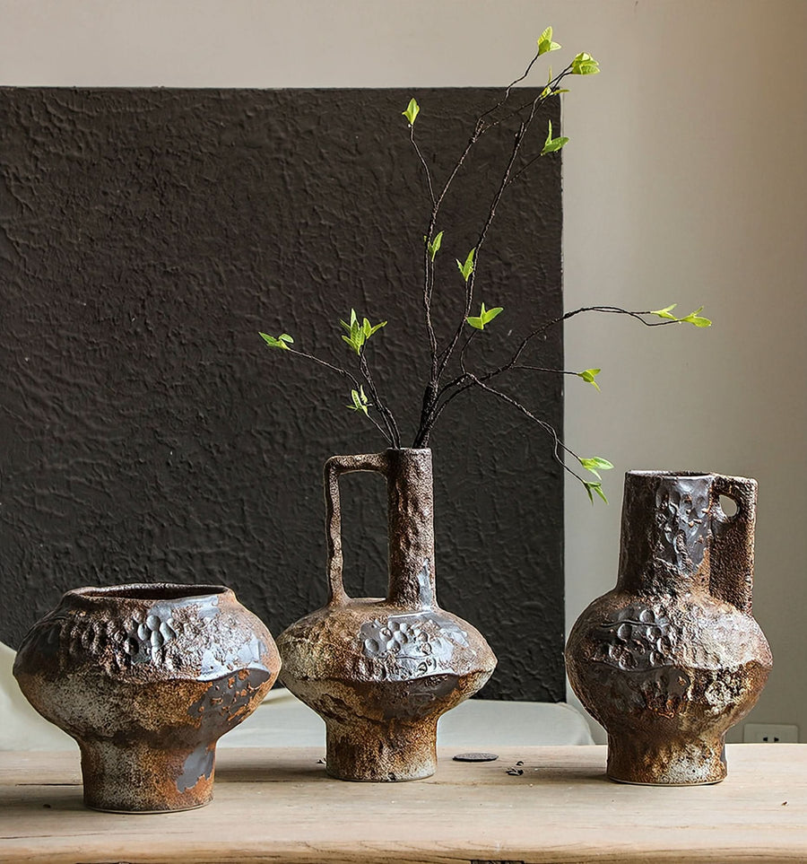 Set of 3 rustic brown ceramic vases with distressed effect, home decor.