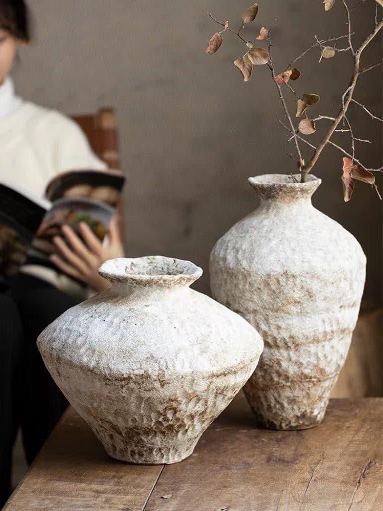 Wabi-Sabi White Distressed Rustic Vases - -