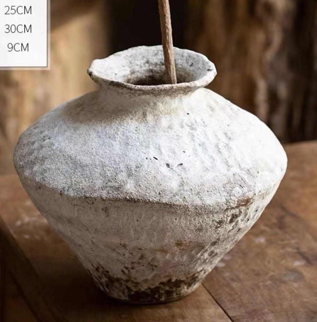 White distressed rustic vase with textured finish, part of Wabi-Sabi collection.
