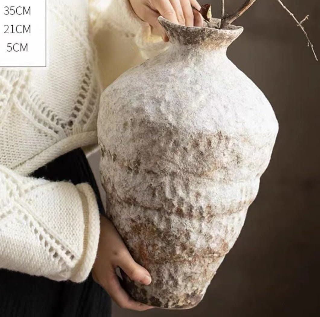 Wabi-Sabi white distressed rustic vase, textured ceramic home decor with natural branches.