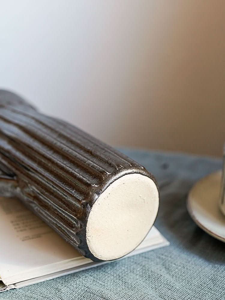 Black glaze carved pattern vase, cylindrical, home decor.